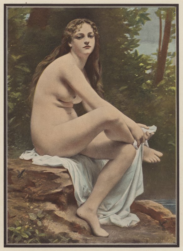 Forlader badet (farve litho) af Edouard (after) Cabane