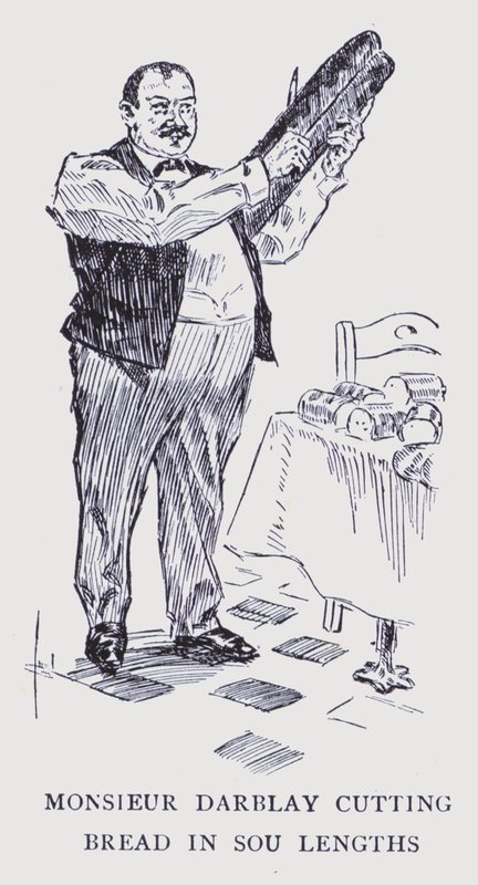 Det bohemeagtige Paris: Monsieur Darblay skærer brød i sou-længder (litografi) af Edouard Alfred (1875 1954) Cucuel
