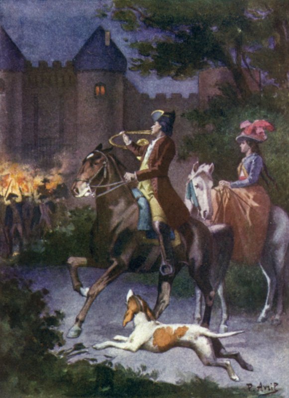 I løbet af et øjeblik var alle Mauprats ved portgitteret. Illustration til Mauprat af George Sand af Edouard Henri Avril