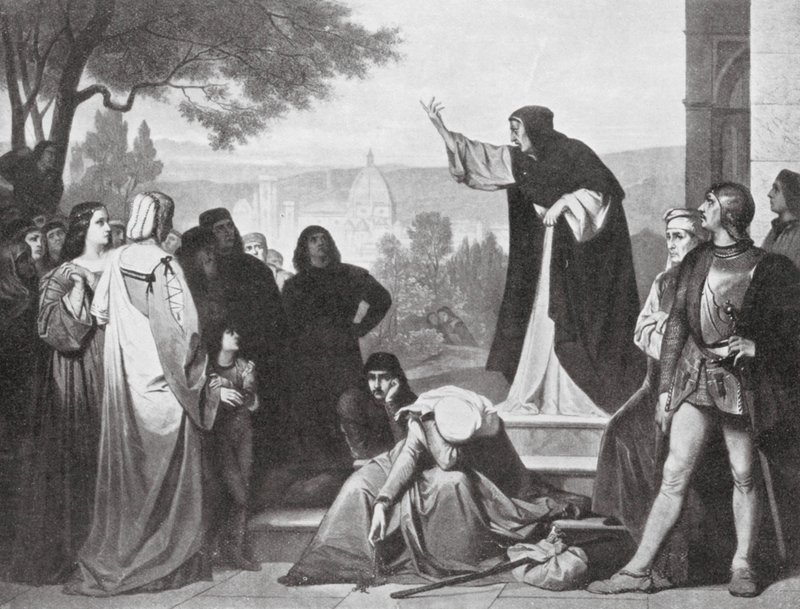 Savonarola prædiker (litografi) af Edouard Jean Conrad (after) Hamman