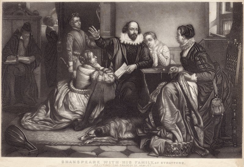 Shakespeare med sin familie i Stratford on Avon og reciterede Hamlets tragedie af Edouard Jean Conrad Hamman