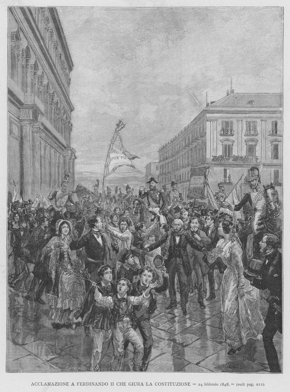Akklamation til Ferdinand II, der sværger forfatningen, 24. februar 1848 (gravering) af Edouardo Matania