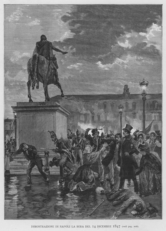 Demonstration af Napoli om aftenen den 14. december 1847 (gravering) af Edouardo Matania