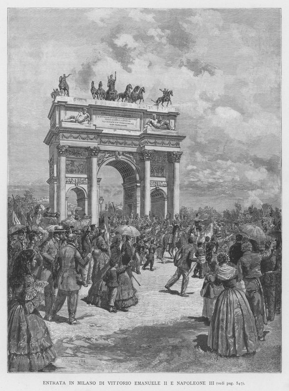 Indrejse i Milano af Vittorio Emanuele II og Napoleon III (gravering) af Edouardo Matania