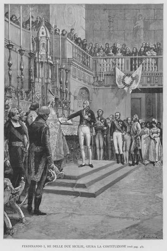 Ferdinand I, konge af de to Sicilier, sværger forfatningen (gravering) af Edouardo Matania