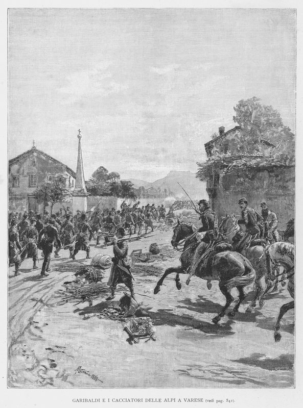 Garibaldi og alpernes jægere i Varese (gravering) af Edouardo Matania