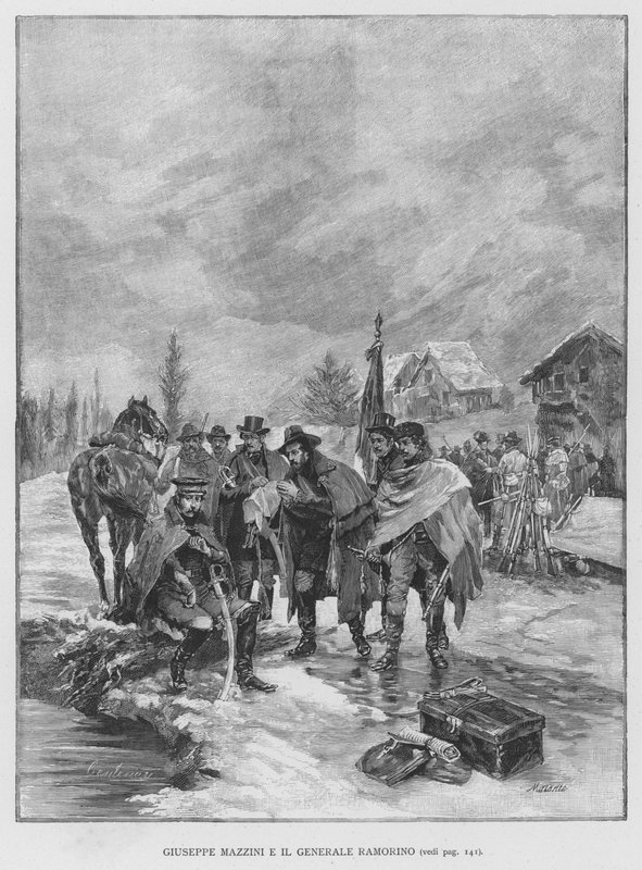 Giuseppe Mazzini og general Ramorino (gravering) af Edouardo Matania