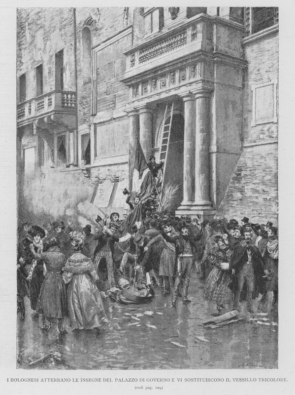 Bolognese-landingen Regeringspaladets insignier og erstatter Tricolor Vessillo (gravering) af Edouardo Matania