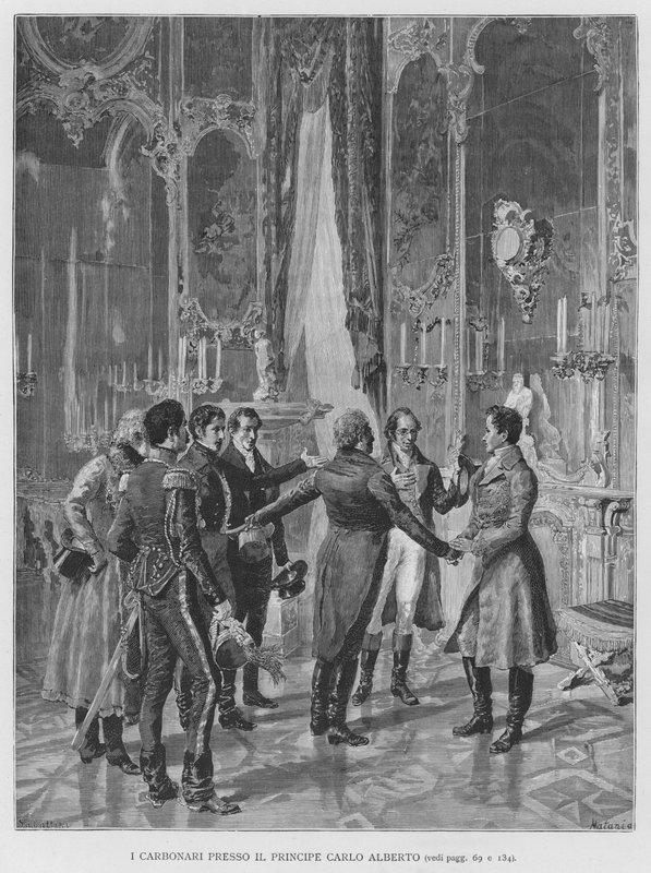 Carbonari hos prins Charles Albert (gravering) af Edouardo Matania