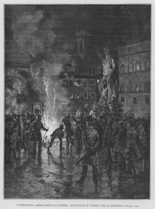 Florentinerne Abbruciano Det østrigske våbenskjold på Piazza Della Signoria (gravering) af Edouardo Matania