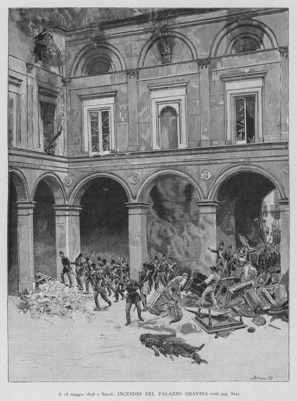 Den 15. maj 1848 i Napoli brand i Gravina-paladset (gravering) af Edouardo Matania