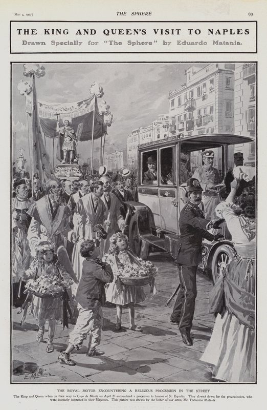 Kong Edward VII og dronning Alexandra møder en religiøs procession på en gade under deres besøg i Napoli, Italien af Edouardo Matania