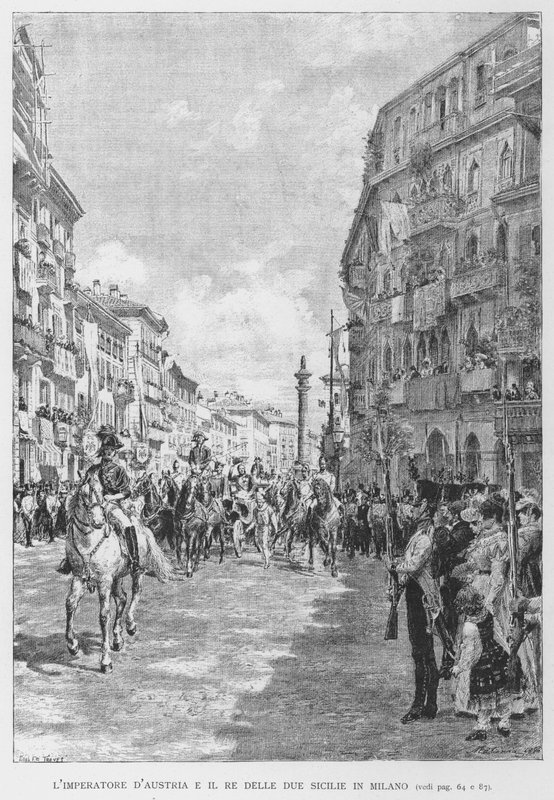 Kejseren af ​​Østrig og kongen af ​​de to Sicilier i Milano (gravering) af Edouardo Matania