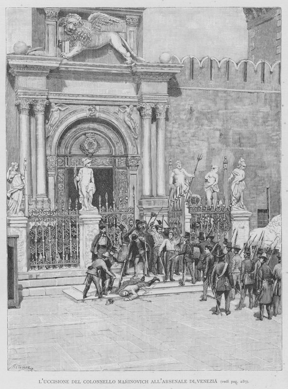 Drabet på oberst Marinovich ved Venice Arsenal (gravering) af Edouardo Matania