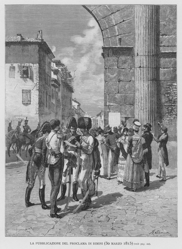 Udgivelsen af ​​proklamationen af ​​Rimini, 30. marts 1815 (gravering) af Edouardo Matania