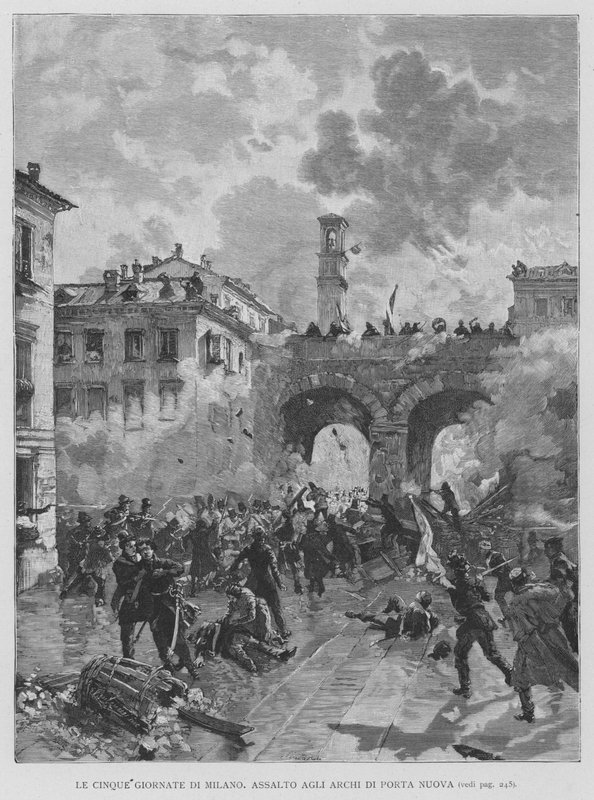 De fem dage i Milano, angreb på buerne i Porta Nuova (gravering) af Edouardo Matania
