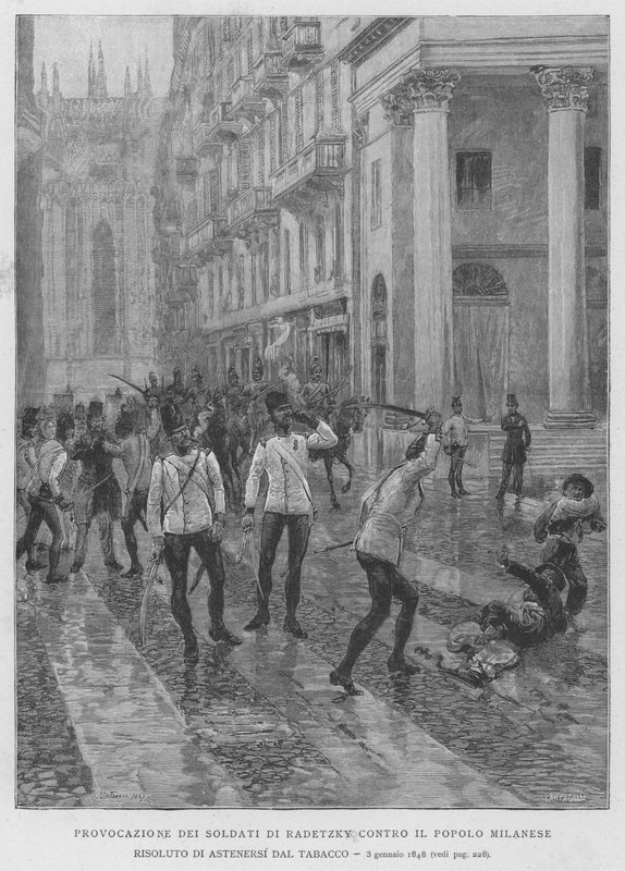 Provokation af Radetzkys soldater mod det milanesiske folk besluttede at afstå fra tobak, 3. januar 1848 (gravering) af Edouardo Matania