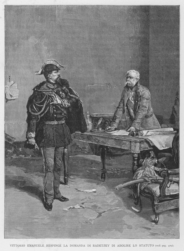 Vittorio Emanuele afviser Radetzkys anmodning om at afskaffe statutten (gravering) af Edouardo Matania