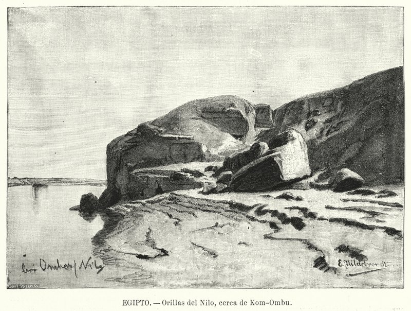 Nilens bredder nær Kom Ombo, Egypten (litho) af Eduard (after) Hildebrandt