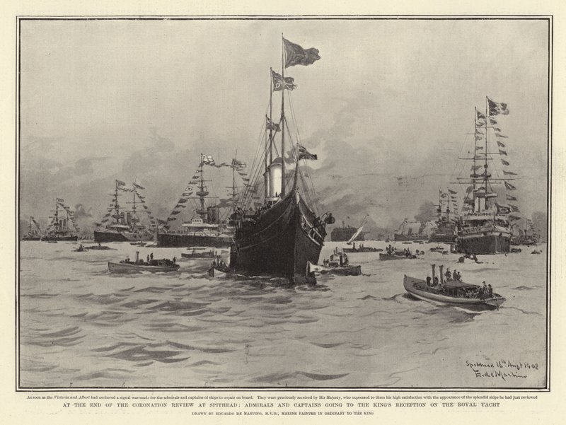 Ved slutningen af kroningsgennemgangen på Spithead går admiraler og kaptajner til kongens reception på Royal Yacht af Eduardo de Martino