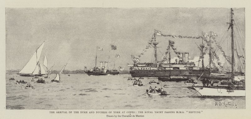 Hertugen og hertuginden af Yorks ankomst til Cowes, Royal Yacht passerer HMS Neptune af Eduardo de Martino