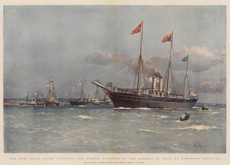 Den nye kongelige yacht Victoria og Albert, søsat af hertuginden af York på Pembroke Dockyard (chromolitho) af Eduardo de Martino