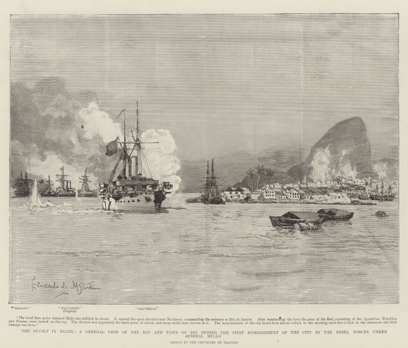 Oprøret i Brasilien, en generel udsigt over bugten og byen Rio under det første bombardement af byen af oprørsstyrkerne under admiral Mello af Eduardo de Martino