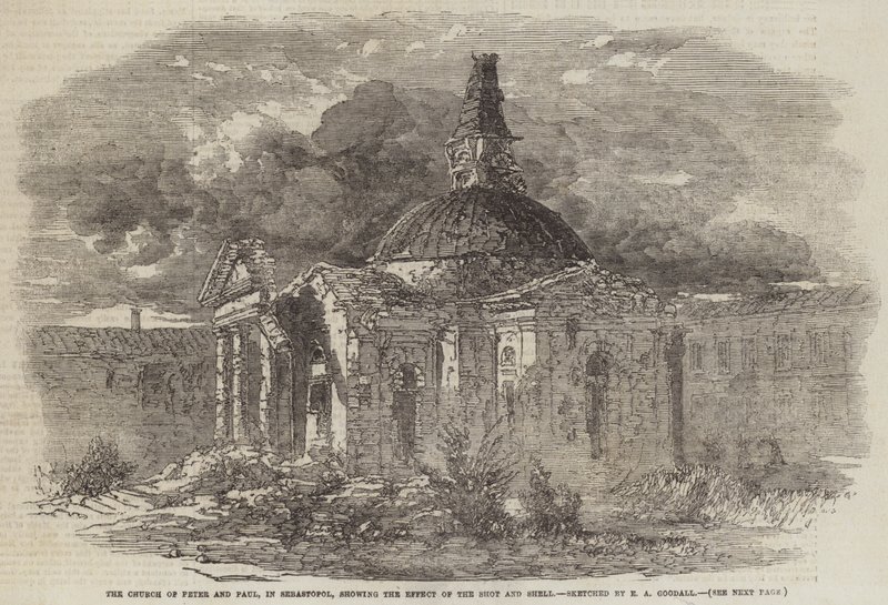Peter og Pauls kirke i Sebastopol, der viser virkningen af skuddet og skallen af Edward Angelo Goodall