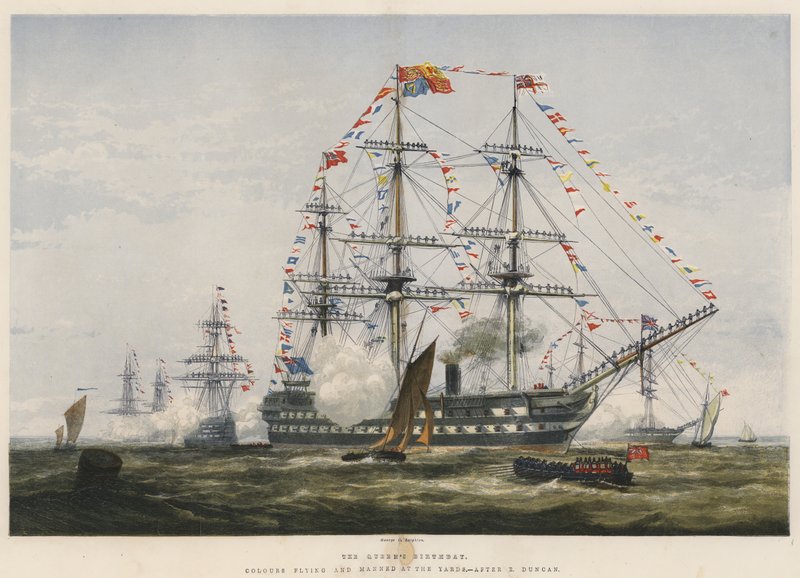 Dronningens fødselsdag, farverne flyvende og bemandet ved værfterne (chromolitho) af Edward Duncan