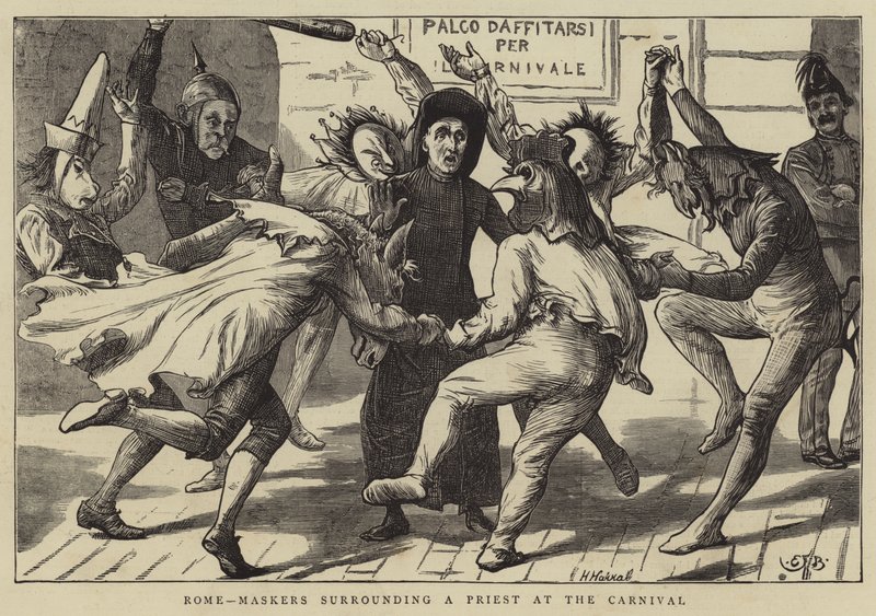Rom, masker, der omgiver en præst ved karnevallet af Edward Frederick Brewtnall