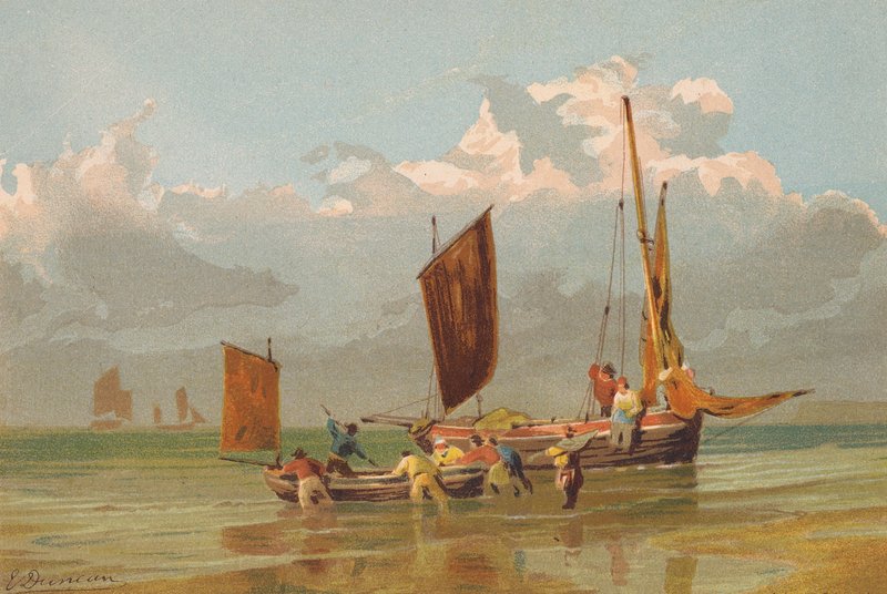 Fiskerbåde på vej ud, ud for Norfolk (farvelitografi) af Edward (after) Duncan