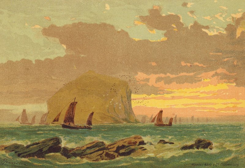 The Bass Rock (farvelitografi) af Edward (after) Duncan