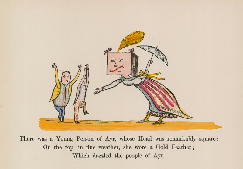 Der var en ung person fra Ayr, hvis hoved var bemærkelsesværdigt firkantet (farvelagt gravering) af Edward (after) Lear