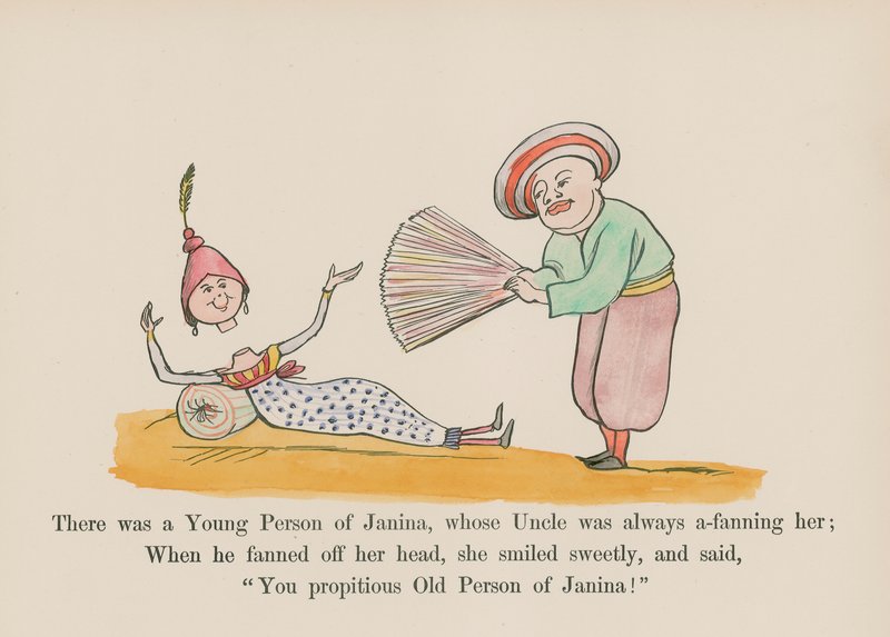 Der var en ung person ved navn Janina, hvis onkel altid viftede med hende (farvelagt gravering) af Edward (after) Lear
