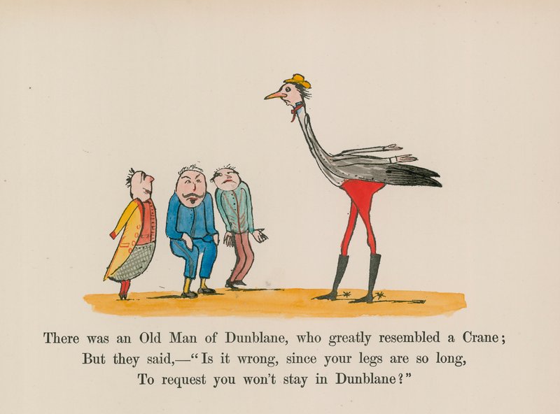 Der var en gammel mand fra Dunblane, som i høj grad lignede en trane (farvelagt gravering). af Edward (after) Lear