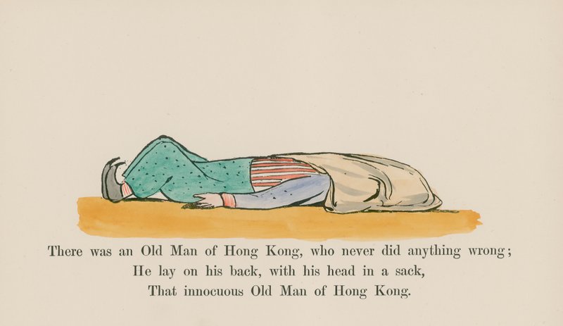 Der var en gammel mand i Hong Kong, som aldrig gjorde noget forkert (farvet gravering) af Edward (after) Lear