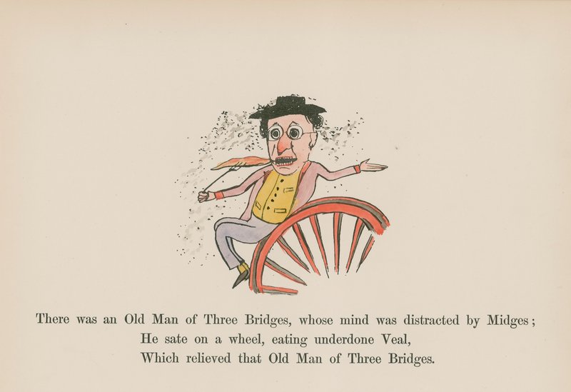Der var en gammel mand i Three Bridges, hvis tanker blev distraheret af myg (farvelagt gravering) af Edward (after) Lear