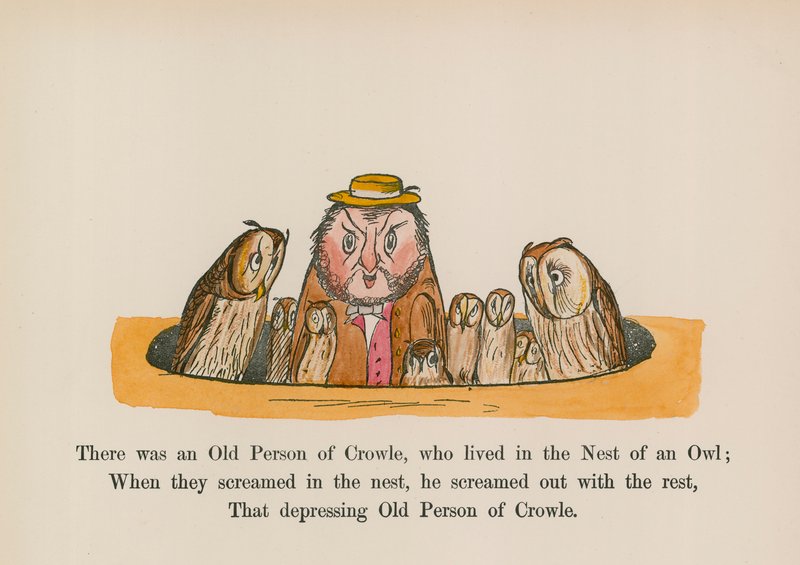 Der var en gammel person fra Crowle, som boede i en uglerede (farvelagt kobberstik) af Edward (after) Lear