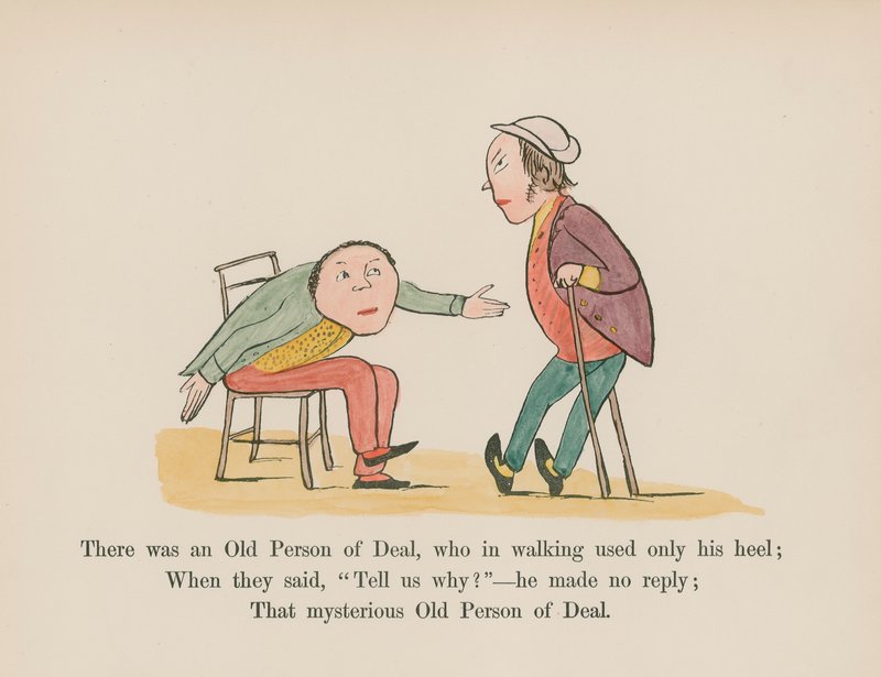 Der var en gammel person fra Deal, som kun brugte sin hæl, når han gik (farvet gravering) af Edward (after) Lear