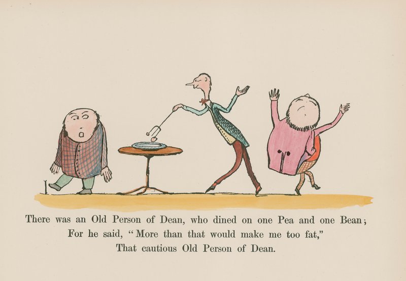 Der var en gammel person fra Dean, som spiste af en ært og en bønne (farvelagt gravering) af Edward (after) Lear