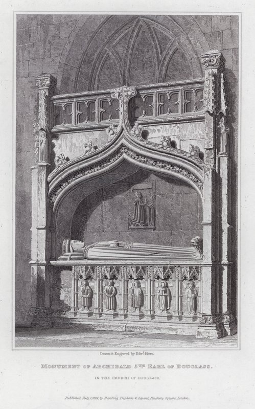 Monument over Archibald 5. jarl af Douglass, i Church of Douglass (gravering) af Edward Blore