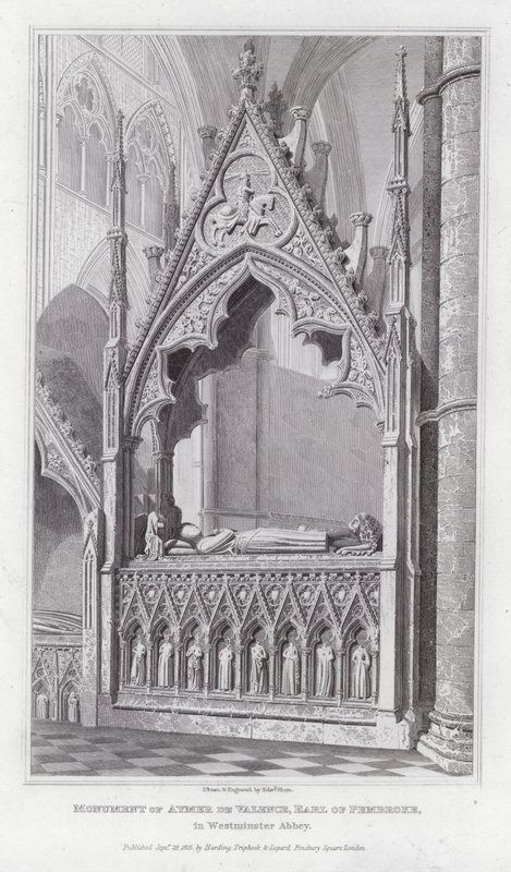 Monument for Aymer de Valence, jarl af Pembroke, i Westminster Abbey (gravering) af Edward Blore
