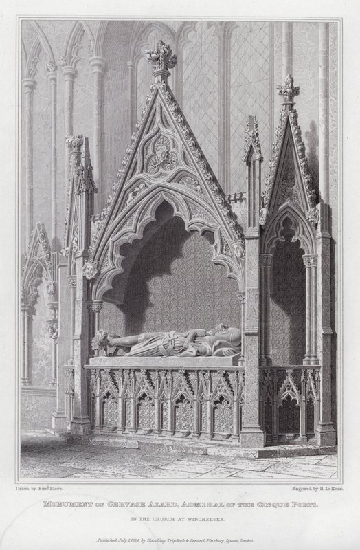 Monument for Gervase Alard, admiral for Cinque Ports, i kirken i Winchelsea (gravering) af Edward Blore