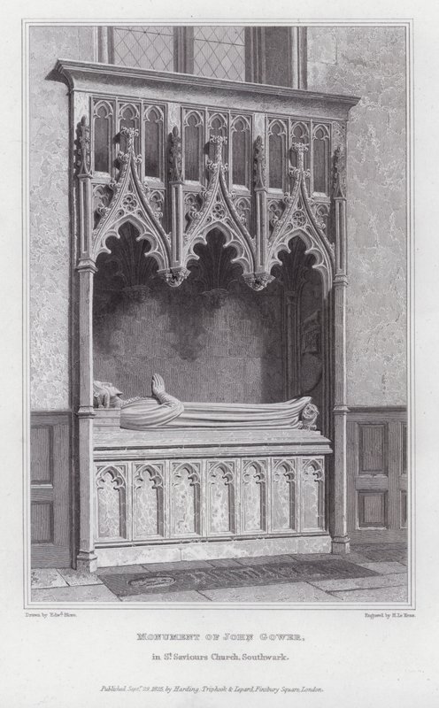 Monument af John Gower, i St Savios Church, Southwark (gravering) af Edward Blore