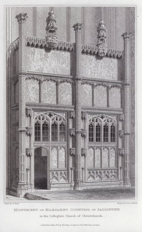 Monument over Margaret grevinde af Salisbury, i Collegiate Church of Christchurch (gravering) af Edward Blore