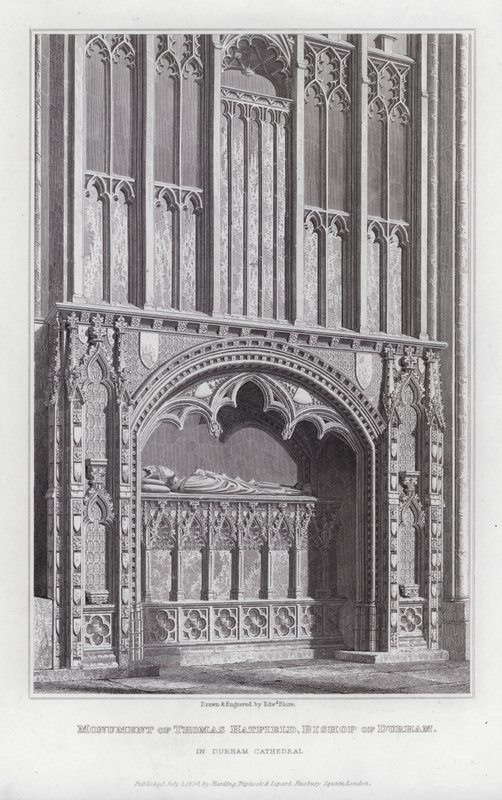 Monument over Thomas Hatfield, biskop af Durham, i Durham Cathedral (gravering) af Edward Blore