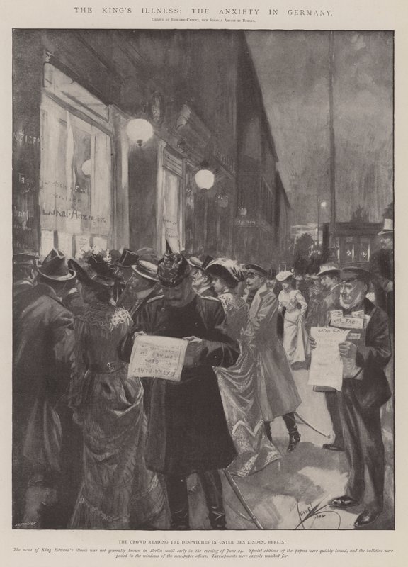 Kongens sygdom, angsten i Tyskland (litografi) af Edward Cucuel