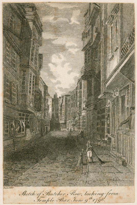 Skitse af Butcher Row, set fra Temple Bar, 9. juni 1796 af Edward Dayes