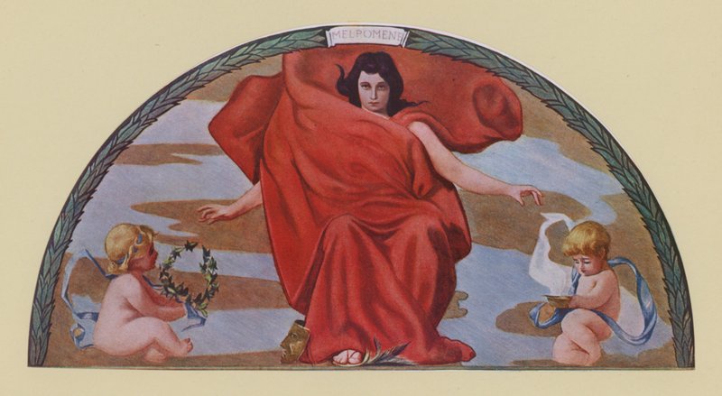 Melpomene, tragediens muse (farvelitografi) af Edward Emerson Simmons