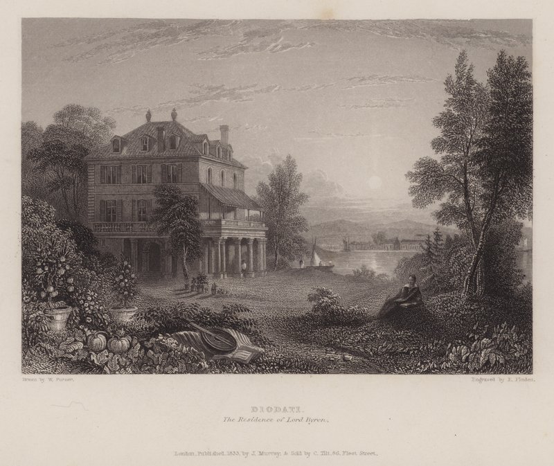 Villa Diodati, Lord Byrons residens (gravering) af Edward Francis (after) Finden